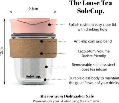 Large Travel Mug Loose Tea Infuser - Detachable Tea Strainer with Spill Proof Lid - 18oz/530ml BPA-Free Reusable Glass Travel Coffee Cup with Cork Band (Pink, 18oz)