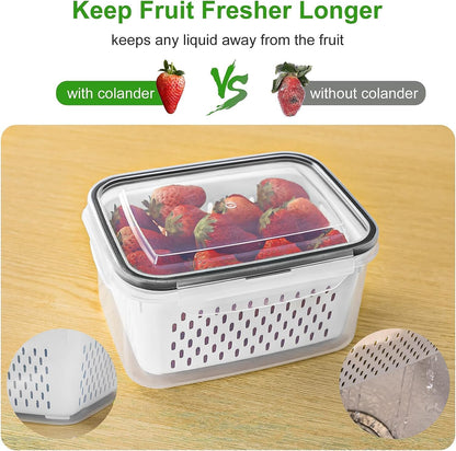 Fruit Storage Containers for Fridge with Removable Colander 10 | Airtight Food Storage Container Dishwasher Safe Produce Saver for Refrigerator Keep Berry Fruit Fresh Longer Large Clear