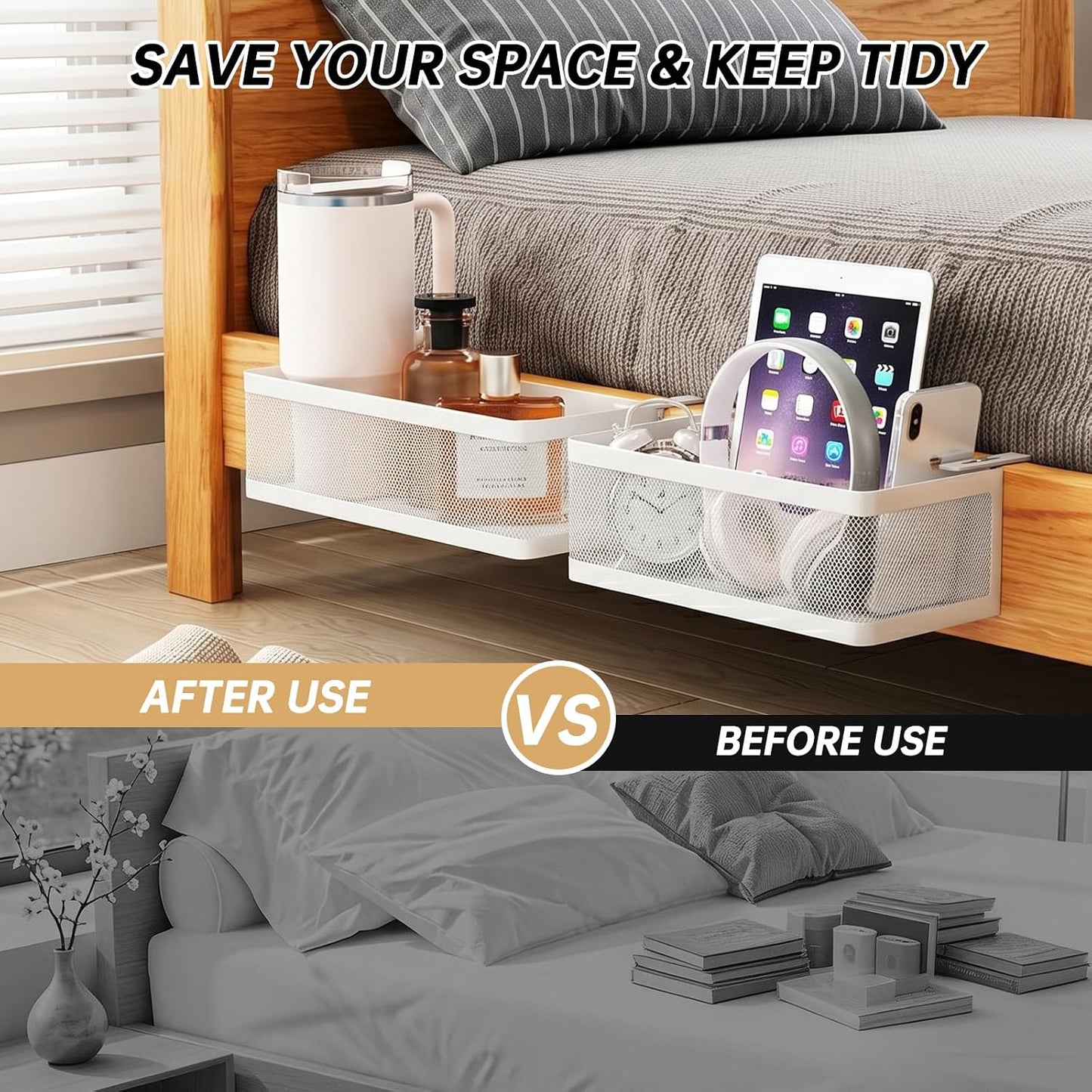 2 Pack Bedside Caddy Organizer,Bunk Bed Shelf, White | Adjustable Clamp-On Structure, Easy to Install, Holds up to 33 lbs, Fits All Types of Beds, College Dorm Room Essentials