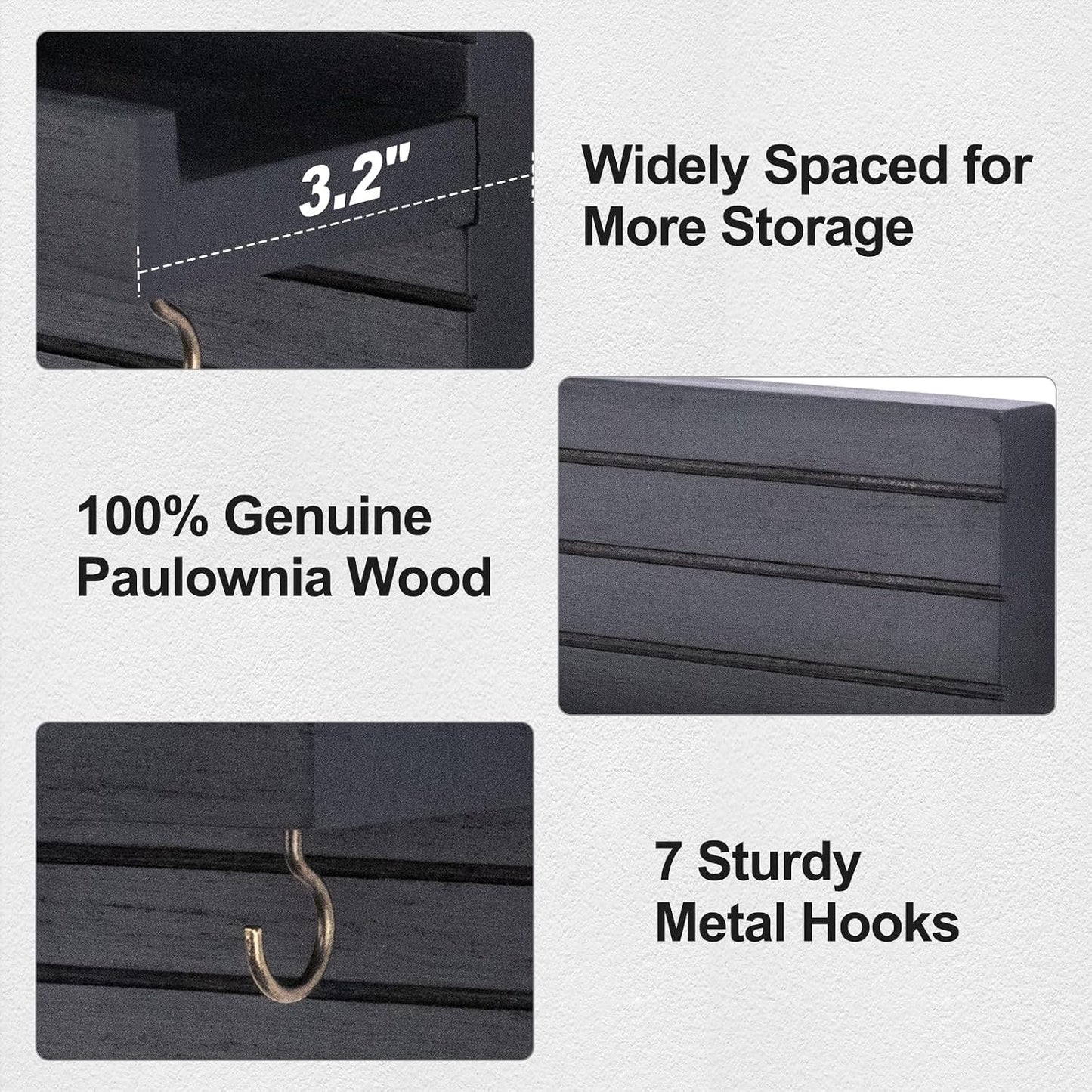 Lwenki Decorative Key Holder for Wall with Shelf, Entryway Shelf with Hooks Holds Leashes, Jackets and Glasses – Sturdy Wood Keyholder Entrance Hanger with Mounting Hardware (Black, Medium)