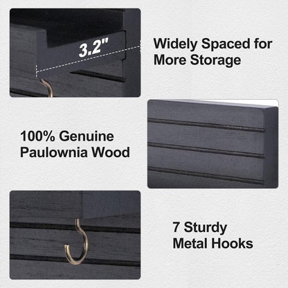 Lwenki Decorative Key Holder for Wall with Shelf, Entryway Shelf with Hooks Holds Leashes, Jackets and Glasses – Sturdy Wood Keyholder Entrance Hanger with Mounting Hardware (Black, Medium)