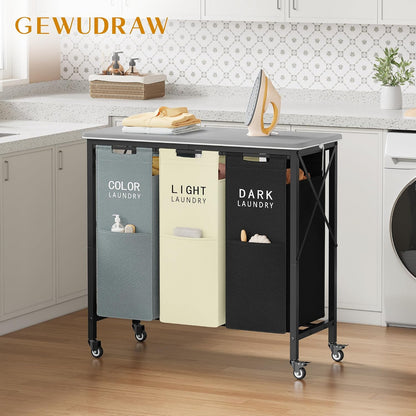 Gewudraw 3 Section Laundry Sorter with Ironing Board, Black | Laundry Sorter with Removable Bags, Heavy-Duty Rolling Laundry Cart, Lockable Wheels, For Bathroom, Bedroom