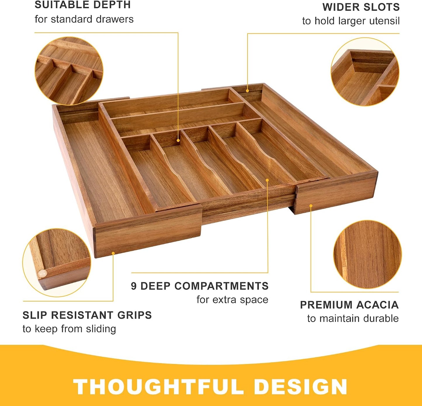 Expandable Bamboo Kitchen Drawer Organizer for Cutlery and Utensils, Adjustable Bamboo Wood Cutlery Tray in Drawer for Flatware and Silverware in Kitchen, (Natural)