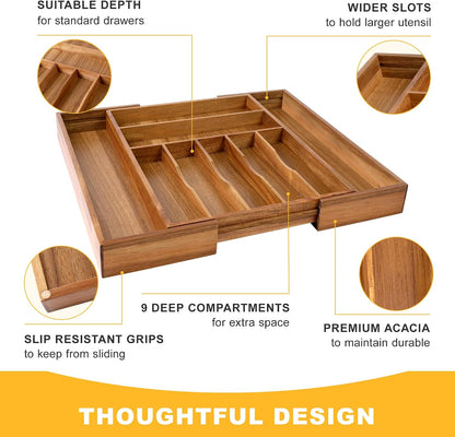 Expandable Bamboo Kitchen Drawer Organizer for Cutlery and Utensils, Adjustable Bamboo Wood Cutlery Tray in Drawer for Flatware and Silverware in Kitchen, (Natural)