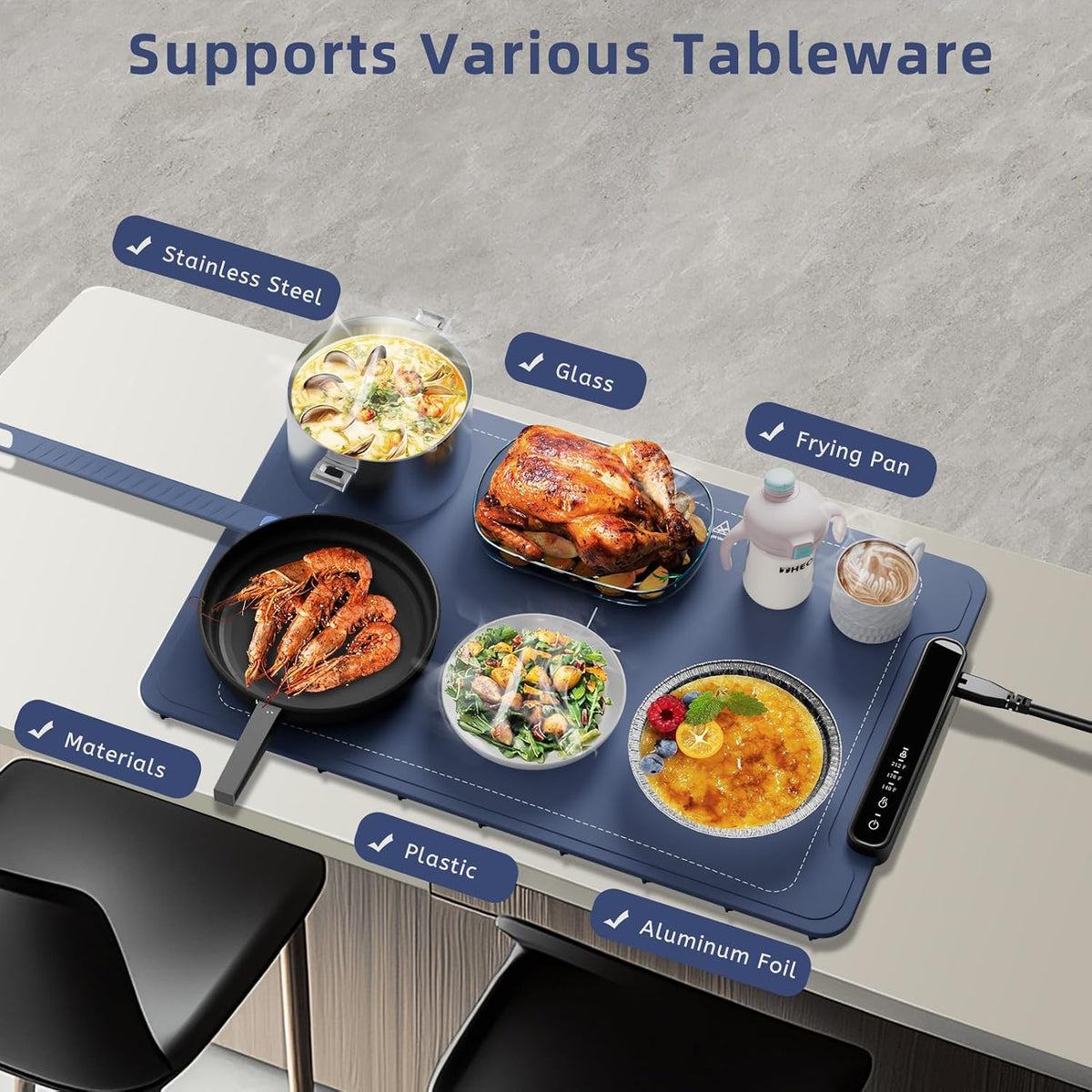 Food Warming Mat, Silicone Electric Warming Tray with 3 Modes Temperature & Fast Heating, Raised Feet Protects Table, Roll Up Buffet Hot Plates Heat Pad, Portable Food Warmer for Parties Home Travel