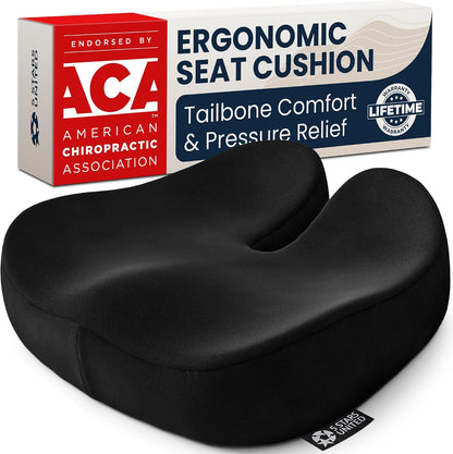 5 STARS UNITED Seat Cushion - Memory Foam Chair Cushion for Tailbone Pain Relief - Ergonomic Support for Coccyx, Sciatica & Butt - Office, Desk & Gaming Chair, Car Seat, Wheelchair, Airplane, Black