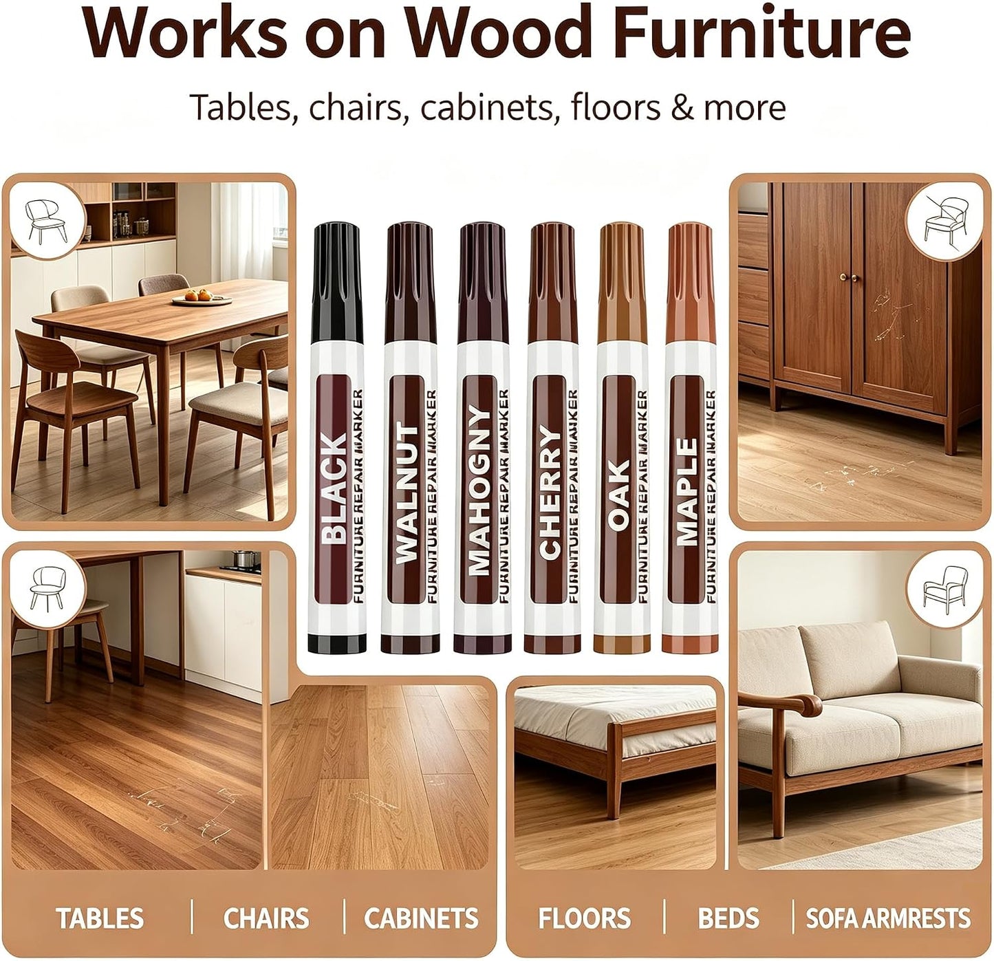 6 Pack Wood Furniture Repair Markers, Quick Dry Touch Up Pens to Cover Scratches, Stains and Defects on Hardwood Floor, Cabinet, Wooden Door, Furniture Repair Kit for Home Use