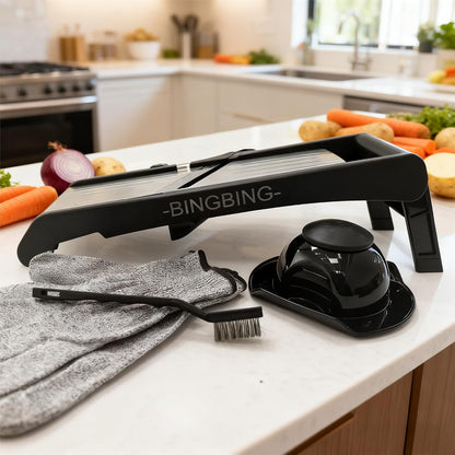 -BINGBING- Mandoline Slicer for Kitchen, 7-in-1 Adjustable Vegetable Slicer | Stainless Steel Food slicer, Adjustable Blade, Slices, Julienne, Waffle and French Fries Cut, Includes Gloves and Brush