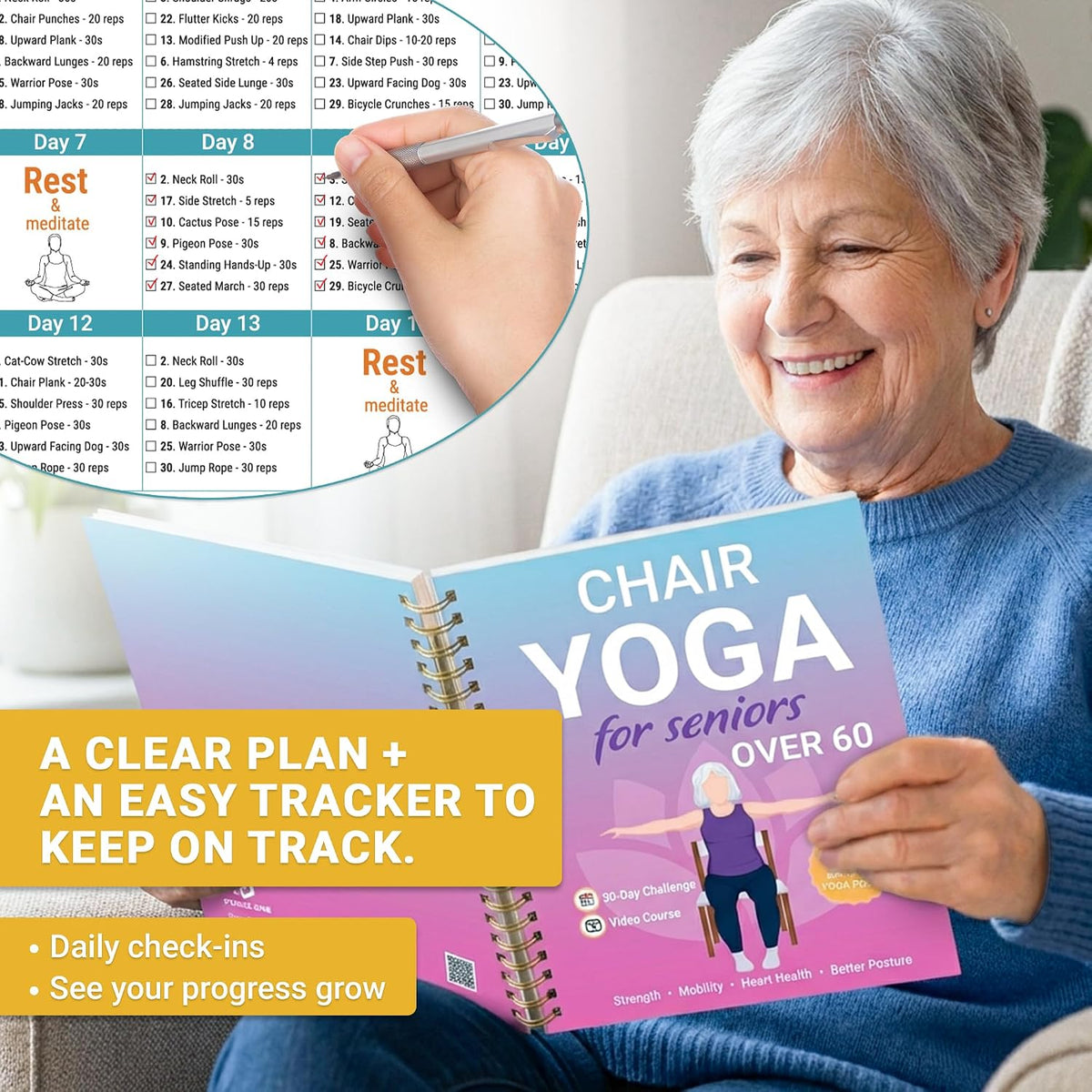 POCAZONE Chair Yoga Book for Seniors Over 60, 30-Day Exercise & Video Guide