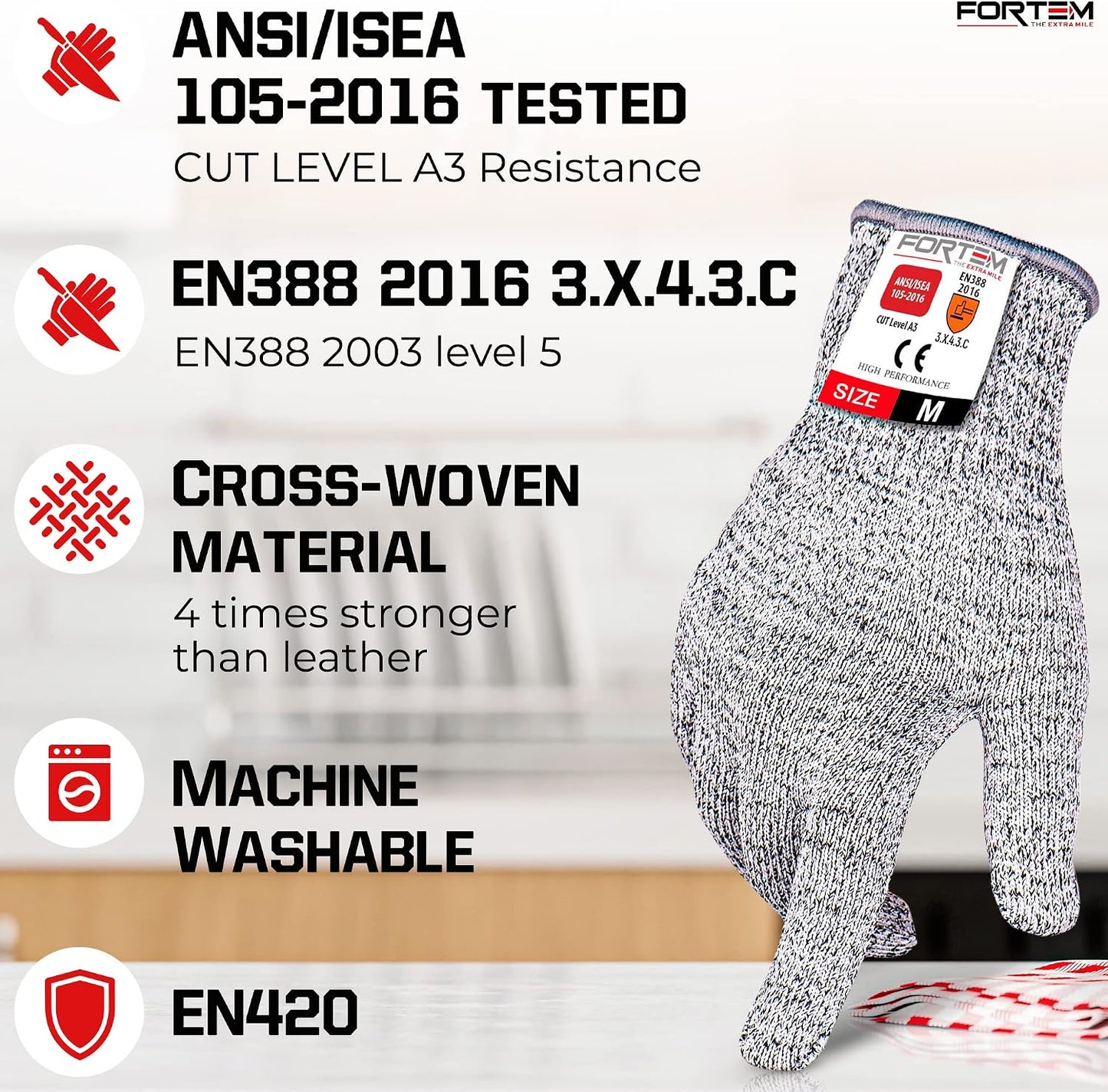 FORTEM Cut Resistant Gloves, 4x, Level 5 Protection Cutting Gloves For Oyster Shucking, Kitchen Work, Food Grade