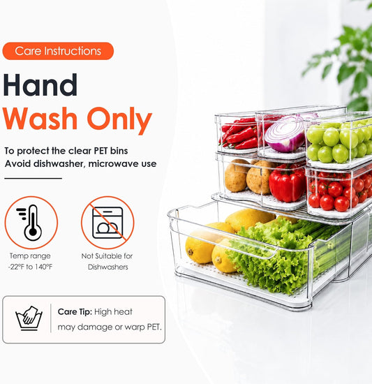 SMRCAD Clear Fridge Bins with Drain Trays - BPA-Free PET, Stackable(6 Pack) | 6 Pack: 1 Drawer + 5 lidded Bins, Helps Keep Produce Fresh, 16.3L Capacity, Hand Wash Only