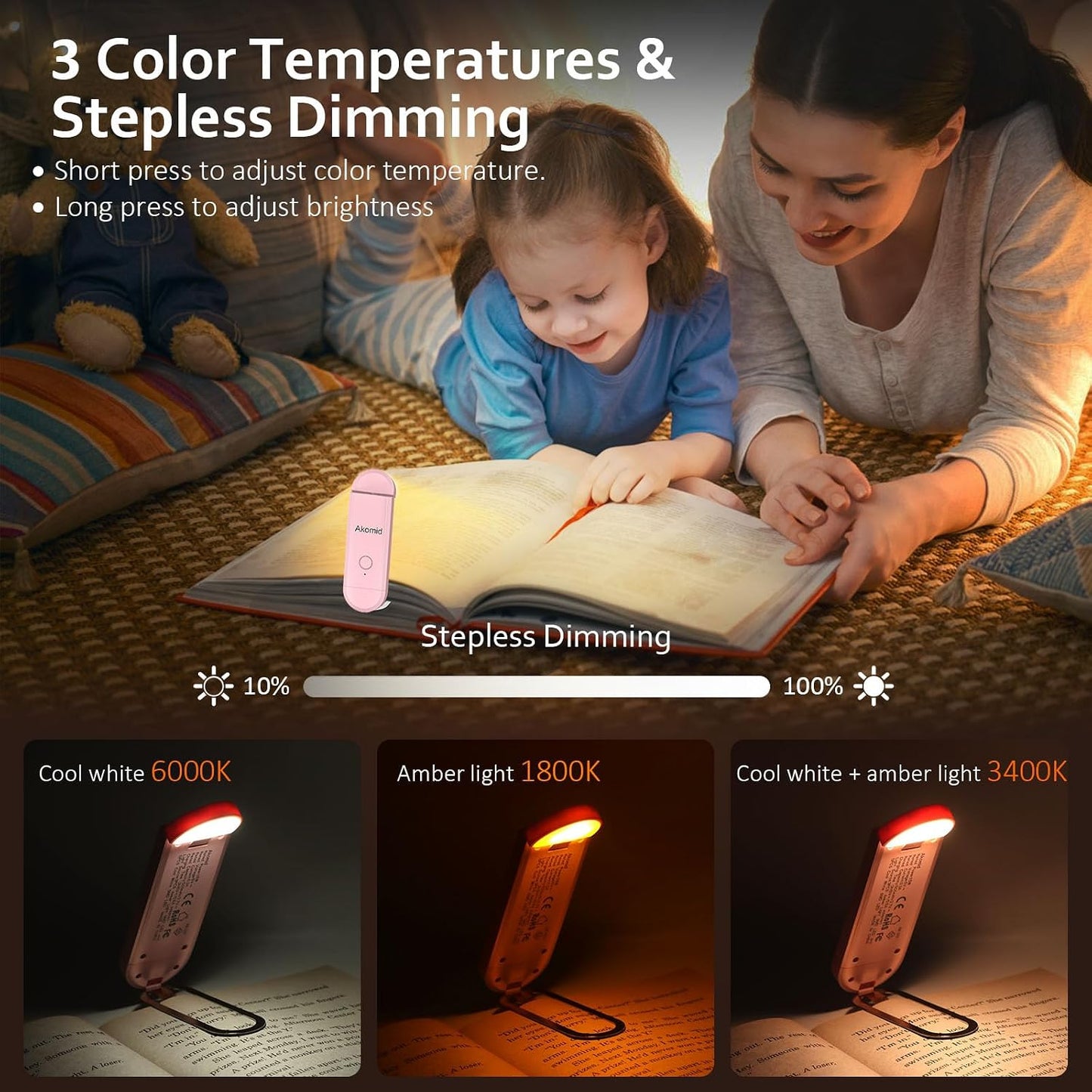 Akomid USB Rechargeable Book Light for Reading in Bed, 8 LEDs Bookmark Style Clip on, Eye-Cared Amber Light Mode for Kids, Blue Light Blocking, Stepless Dimming,Khaki