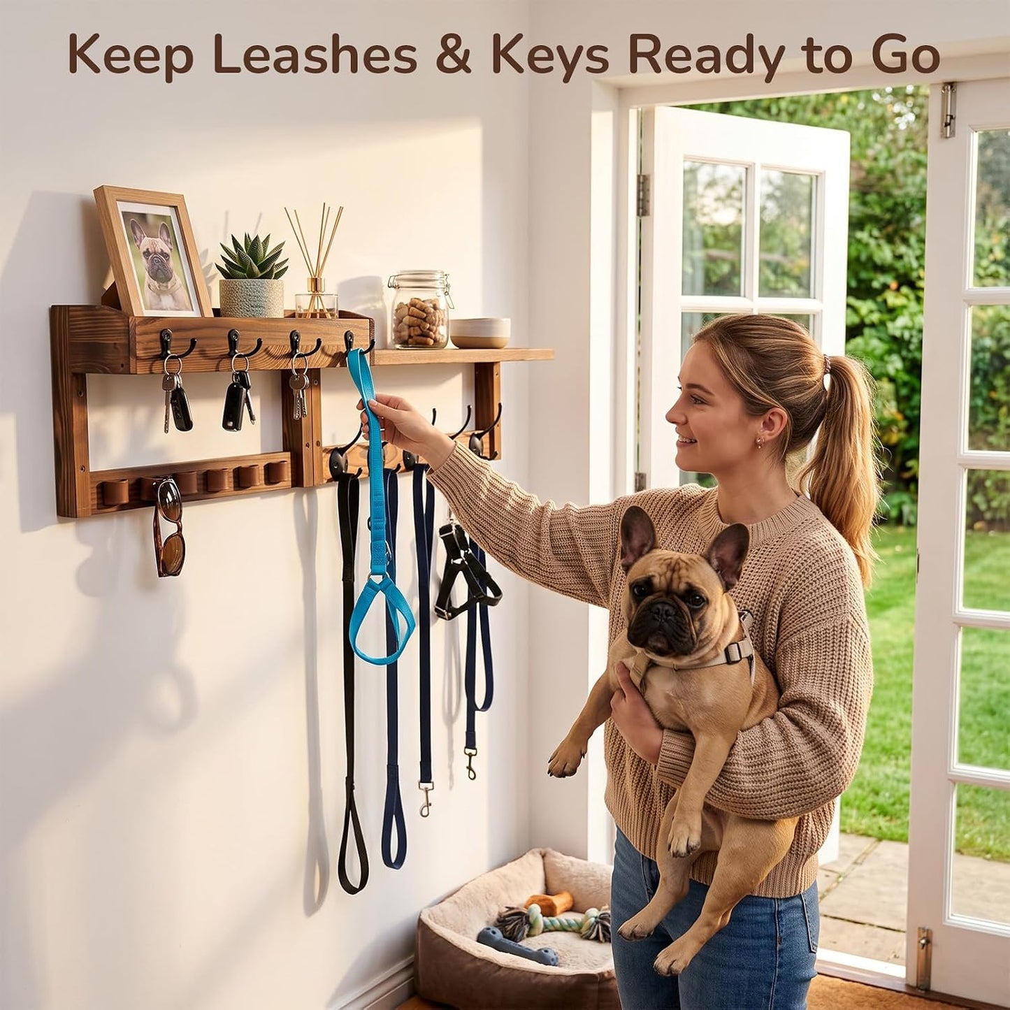 Wooden Key Holder Wall Mount with Shelf, Wall Key Rack and Mail Holder with 9 Key Hooks and 6 Sunglasses Holders, Farmhouse Key Hanger for Entryway Living Room Bedroom, Rustic Brown