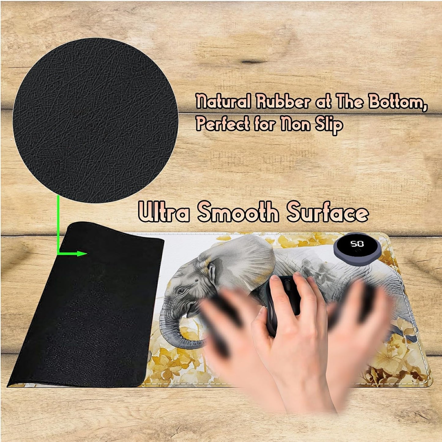 Heated Desk Pad Heated Large Mouse Pad, Electric Quickly Warm Desk Mat with 3 Levels Heating 3 Hours Auto Shut-Off, 31.5" x 13" Warm Gaming Mousepad Hand Foot Warmer, Baby Elephant