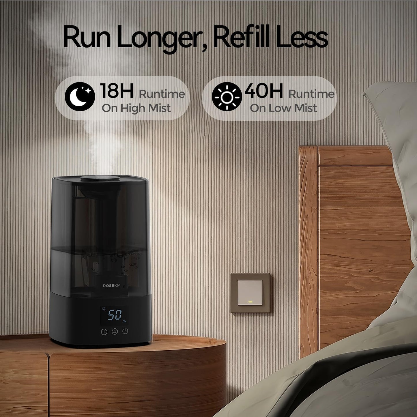 ROSEKM Automatic Humidifiers for Bedroom Large Room, 4.5L Cool Mist Humidifier for Home & Plant with Timer & Humidity Sensor, Last Up to 18H on High Setting, Auto Shut-Off, 360° Nozzle (Black)