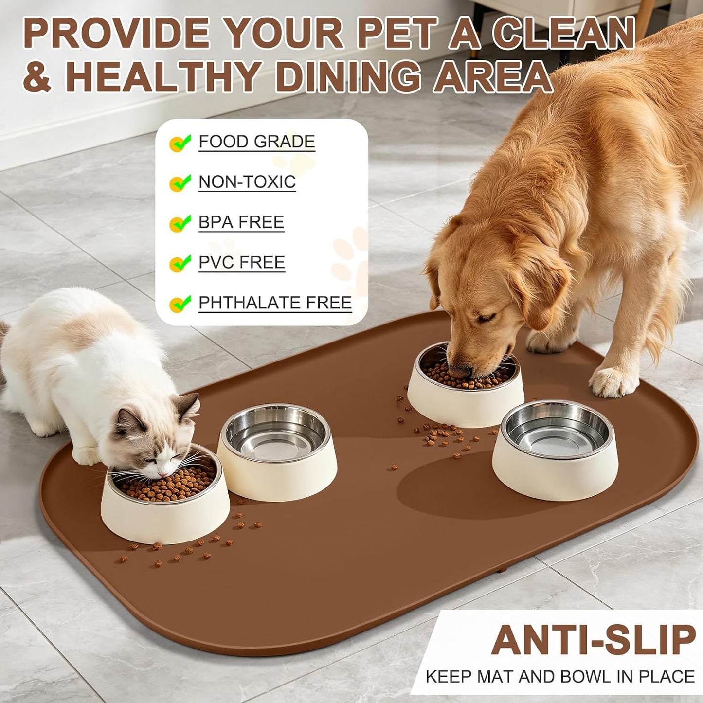 SMILOOL Waterproof Silicone Pet Food Mat with Raised Edge for Dog & Cat | 19" x 12" Non-Slip Pet Feeding Mats with Lip for Food & Water Bowl, Food Grade, Easy Cleaning, Black