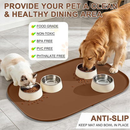 SMILOOL Waterproof Silicone Pet Food Mat with Raised Edge for Dog & Cat | 19" x 12" Non-Slip Pet Feeding Mats with Lip for Food & Water Bowl, Food Grade, Easy Cleaning, Black