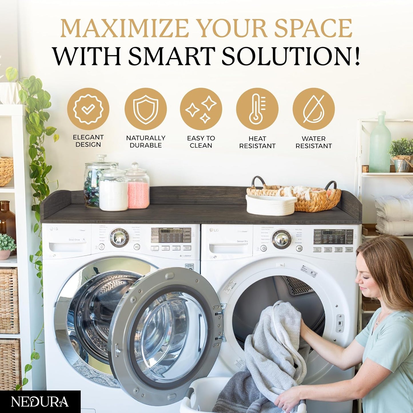 Nedura Washer Dryer Countertop with Anti-Vibration Pads, Curved Edge Rails, Premium Bamboo Laundry Countertop, Washer Dryer Topper, Laundry Room Organization, Laundry Room Accessory – Dark Walnut