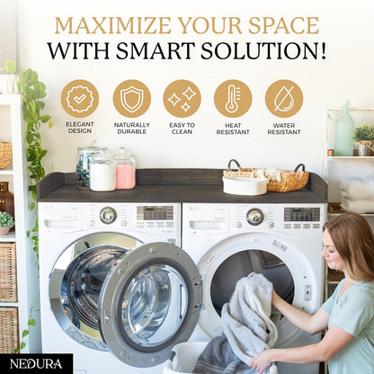 Nedura Washer Dryer Countertop with Anti-Vibration Pads, Curved Edge Rails, Premium Bamboo Laundry Countertop, Washer Dryer Topper, Laundry Room Organization, Laundry Room Accessory – Dark Walnut