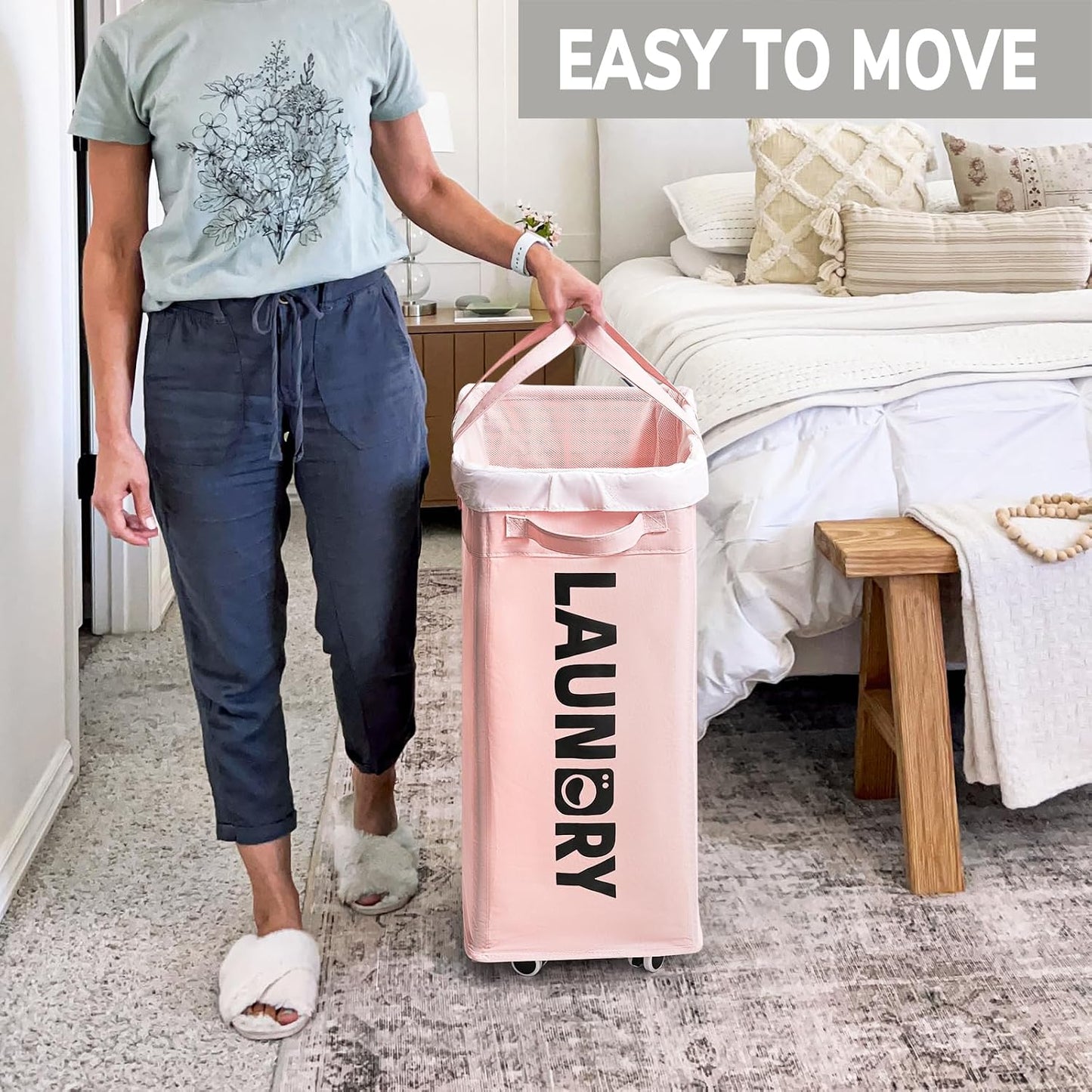 Goodpick 75L Laundry Basket with Wheels & Removable Wash Bag for Dorm | Rolling Laundry Basket with Handles for Dirty Clothes, Fodable Hamper for Laundry Room, Dorm Room Essentials, Grey