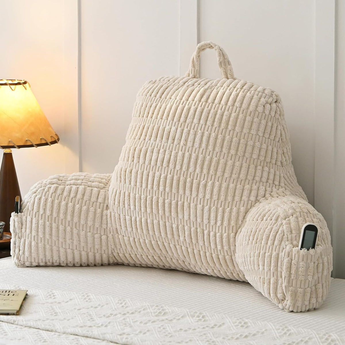 Faux Fur Reading Pillow for Sitting in Bed, Large Backrest Bed Pillow with Arms, Back Support Pillow for Lounging Bedrest, Beige