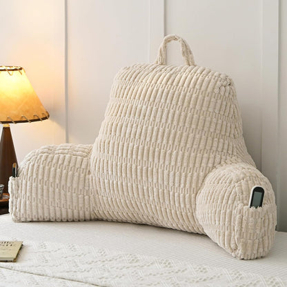 Faux Fur Reading Pillow for Sitting in Bed, Large Backrest Bed Pillow with Arms, Back Support Pillow for Lounging Bedrest, Beige