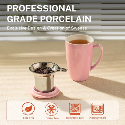 Sweese 15oz Porcelain Tea Mug with Infuser and Lid – Microwave Safe, Ergonomic Handle, Lead-Free Glaze, for Loose Leaf Tea
