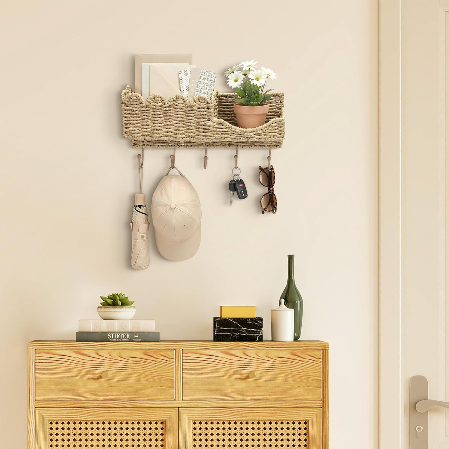 Hook-Woven Wicker Key Holder and Mail Organizer | Natural Paper Rattan Scalloped Wave Design Decorative Wall Mount for Entryway, Living Room, Hallway