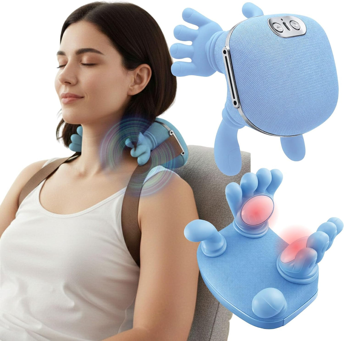 LIVINGPRO Neck & Shoulder Massager with Heat, Deep Tissue Shiatsu with Bionic Palm 4D Kneading, Simulated Human Hand Massage, 3 Adjustable Intensities, Portable Pain Relief for Home & Office