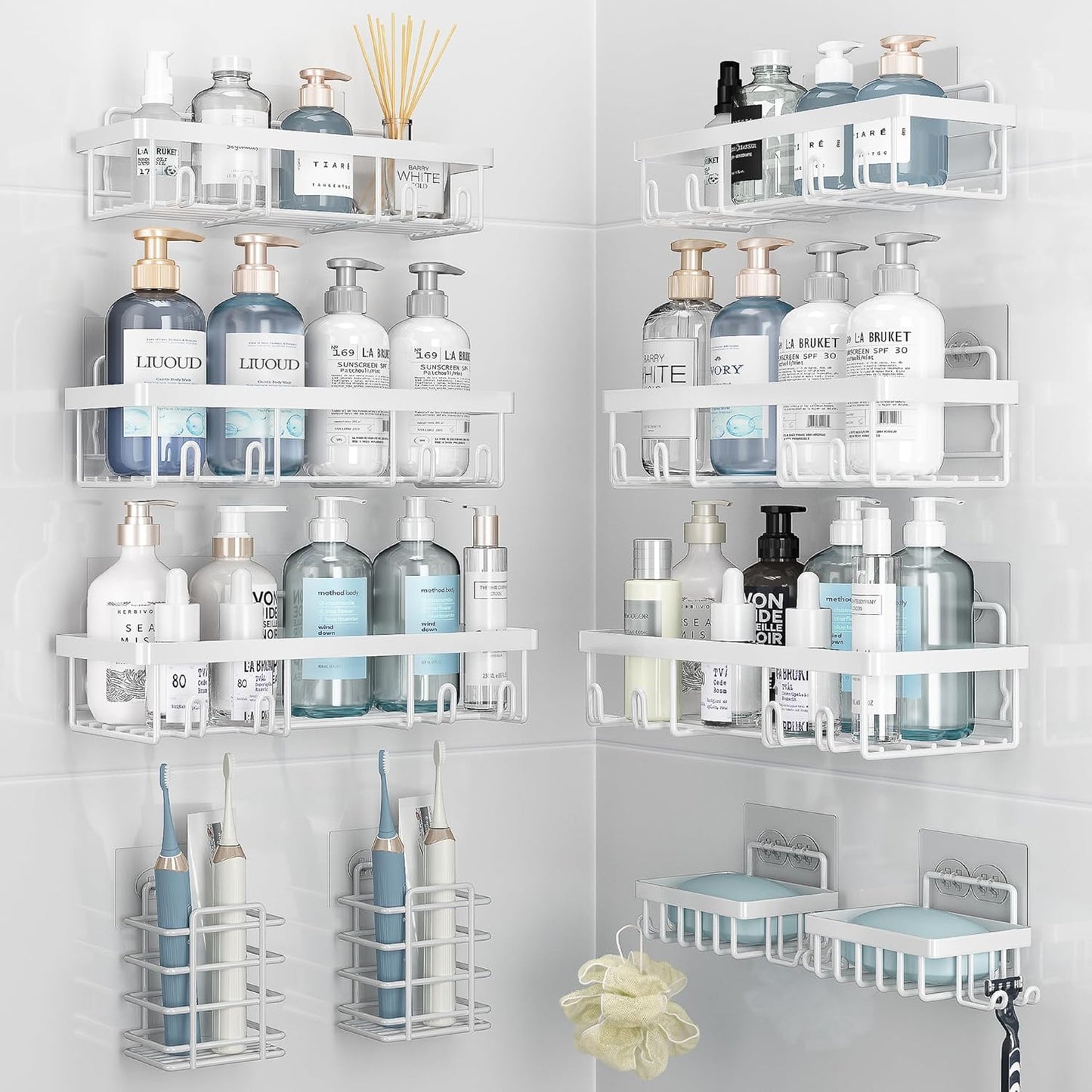 Liuoud 5 Pack Shower Caddy for Inside Shower, Gold Bathroom Storage Decor | Large Rustproof Stainless Steel Organizer with Strong Adhesive, No Drilling Wall Mounted Shelves, Bathroom Accessory Set