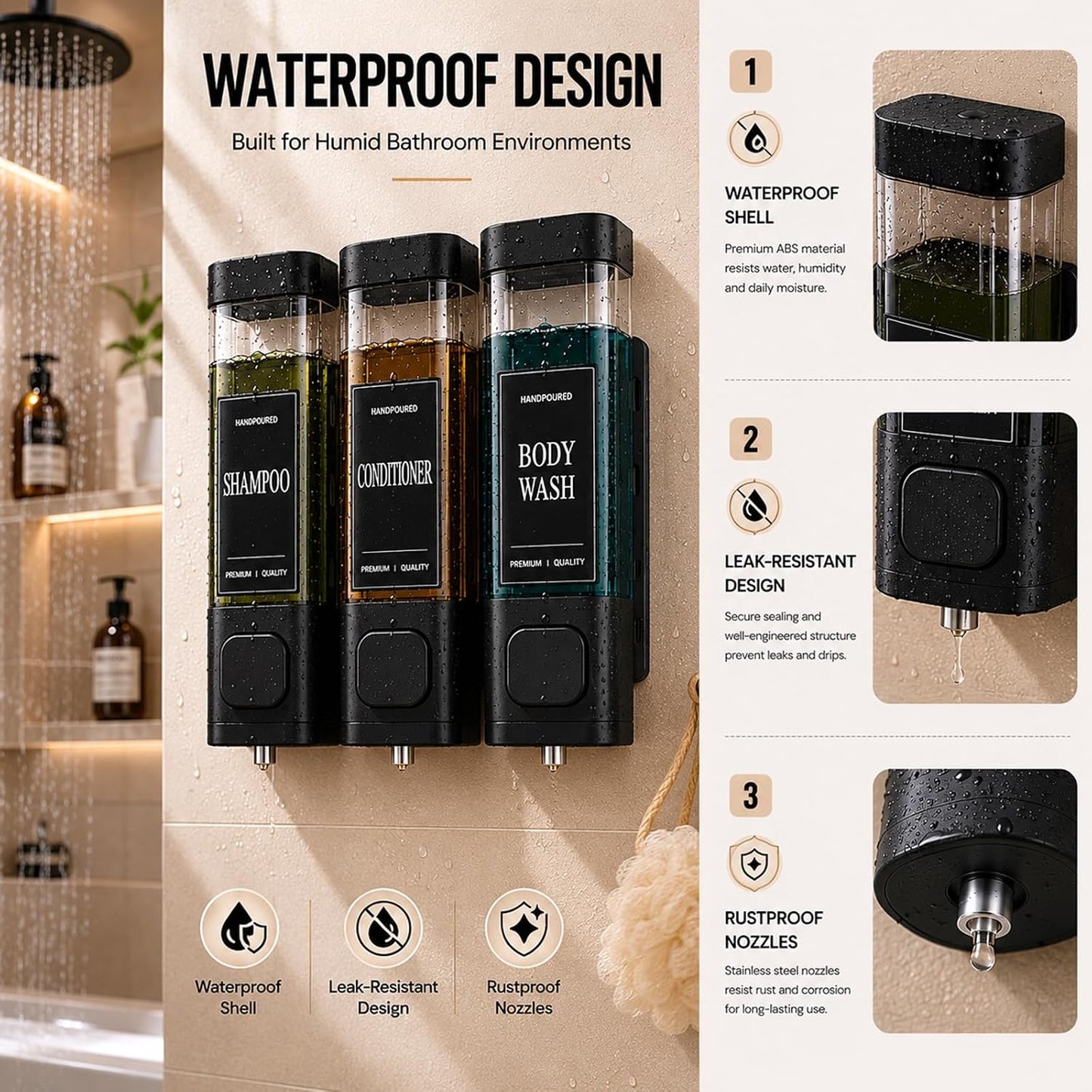 Shampoo and Conditioner Dispenser, Shower Soap Dispenser Wall Mounted, Shower Dispenser 3 Chamber No Drill for Bathroom Large Capacity (Silver)