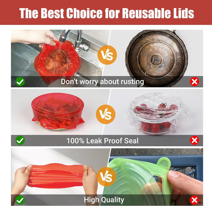 Silicone Stretch Lids for Food Storage in Fridge, Reusable Elastic Bowl Covers for Cup, Cans, Jars, Round & Rectangle Container, Food Grade Silicone Microwave Food Cover, Heat-Resistant, 6PCS