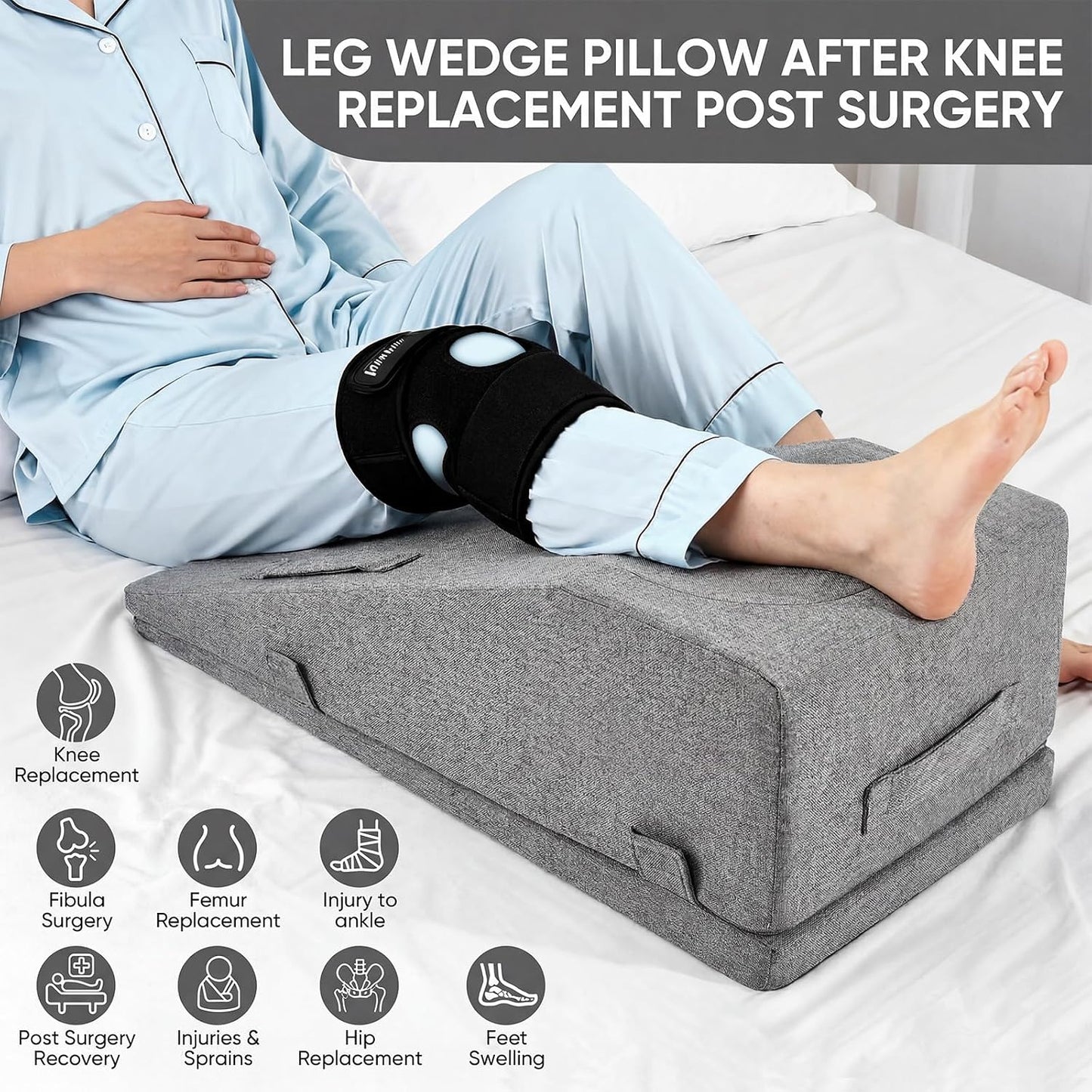 Leg Elevation Pillows for After Surgery, Adjustable Height | Breathable Linen-Cotton Cover Knee Surgery Pillow for Hip Ankle Pain Relief, Knee Replacement Recovery Aids, Machine-Washable Cover