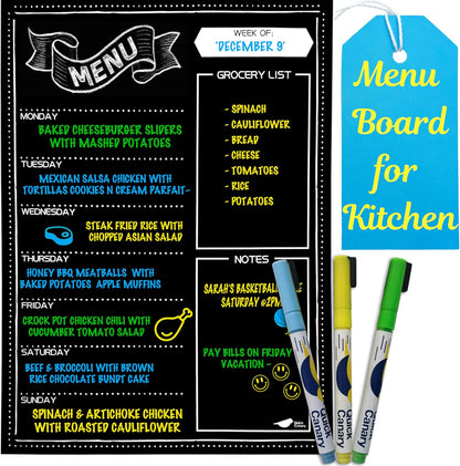 White Magnetic Dry Erase Weekly Menu Board for the Fridge | Weekly meal and dinner planner, 7-day grid, grocery and to-do lists, 12x16 inches, fits standard fridge, 3 markers, eraser
