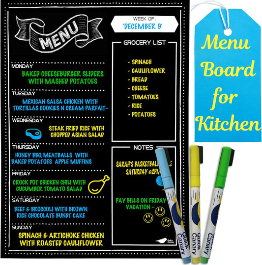 White Magnetic Dry Erase Weekly Menu Board for the Fridge | Weekly meal and dinner planner, 7-day grid, grocery and to-do lists, 12x16 inches, fits standard fridge, 3 markers, eraser