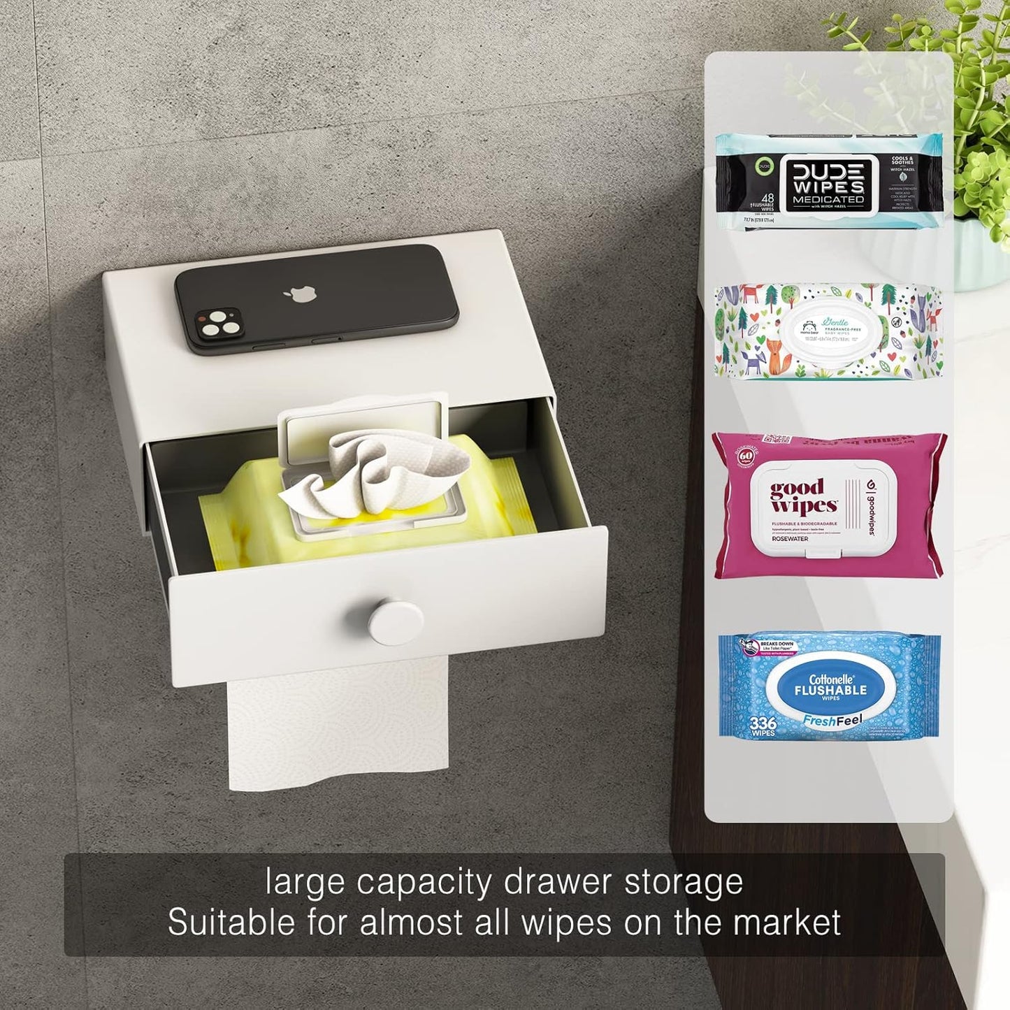 VOLDRA Toilet Paper Holder with Shelf Black Wipes Dispenser for Bathroom Toilet Paper Holder with Storage Upgrade Drawer Design Toilet Tissue Holder Adhesive Small Bathroom Shelf Wall Mount