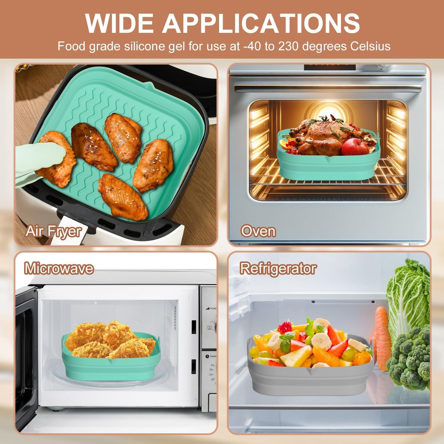 7.7 Inch Silicone Air Fryer Liners Square 2 Pack, Reusable Collapsible Dishwasher Safe Stackable Basket for Air Fryers (One Gray and One Green)
