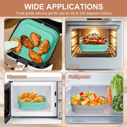 7.7 Inch Silicone Air Fryer Liners Square 2 Pack, Reusable Collapsible Dishwasher Safe Stackable Basket for Air Fryers (One Gray and One Green)