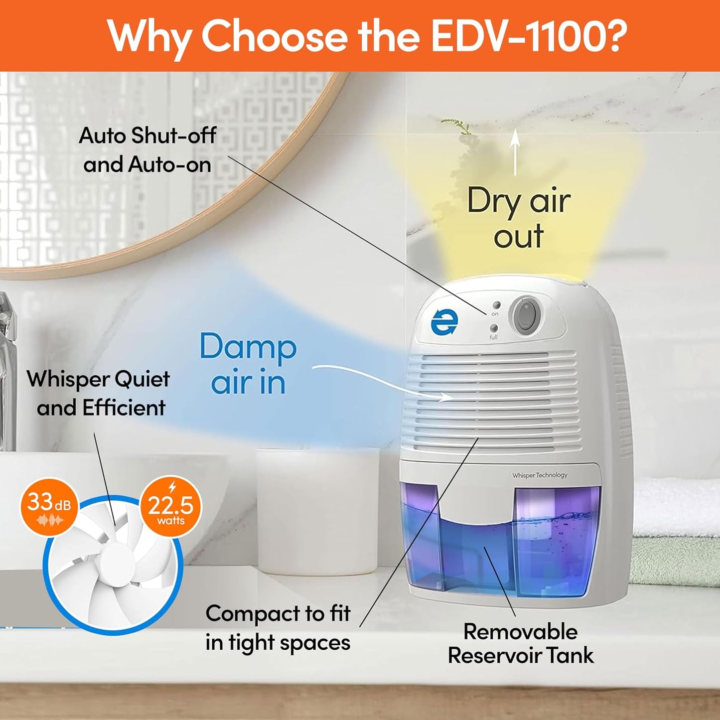 Eva-Dry EDV-1100 Whisper-quiet 16 OZ Dehumidifier with Auto Shut Off and Restart for small spaces in your Home, RV, Automobile, and Storage up to 122 sq. ft | For Home, RV, Automobile & Storage | Whisper-Quiet | Auto Restart | Up to 122 Sq Ft Coverage