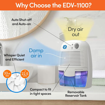 Eva-Dry EDV-1100 Whisper-quiet 16 OZ Dehumidifier with Auto Shut Off and Restart for small spaces in your Home, RV, Automobile, and Storage up to 122 sq. ft | For Home, RV, Automobile & Storage | Whisper-Quiet | Auto Restart | Up to 122 Sq Ft Coverage