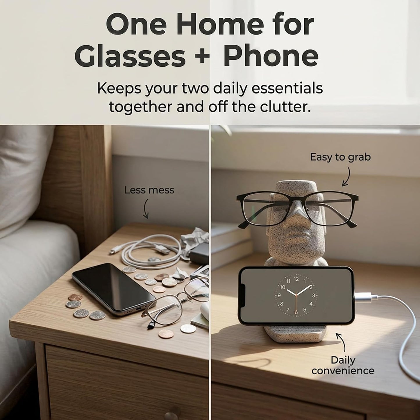 Glasses Holder for Nightstand, Funny Moai Glasses Stand and Phone Holder