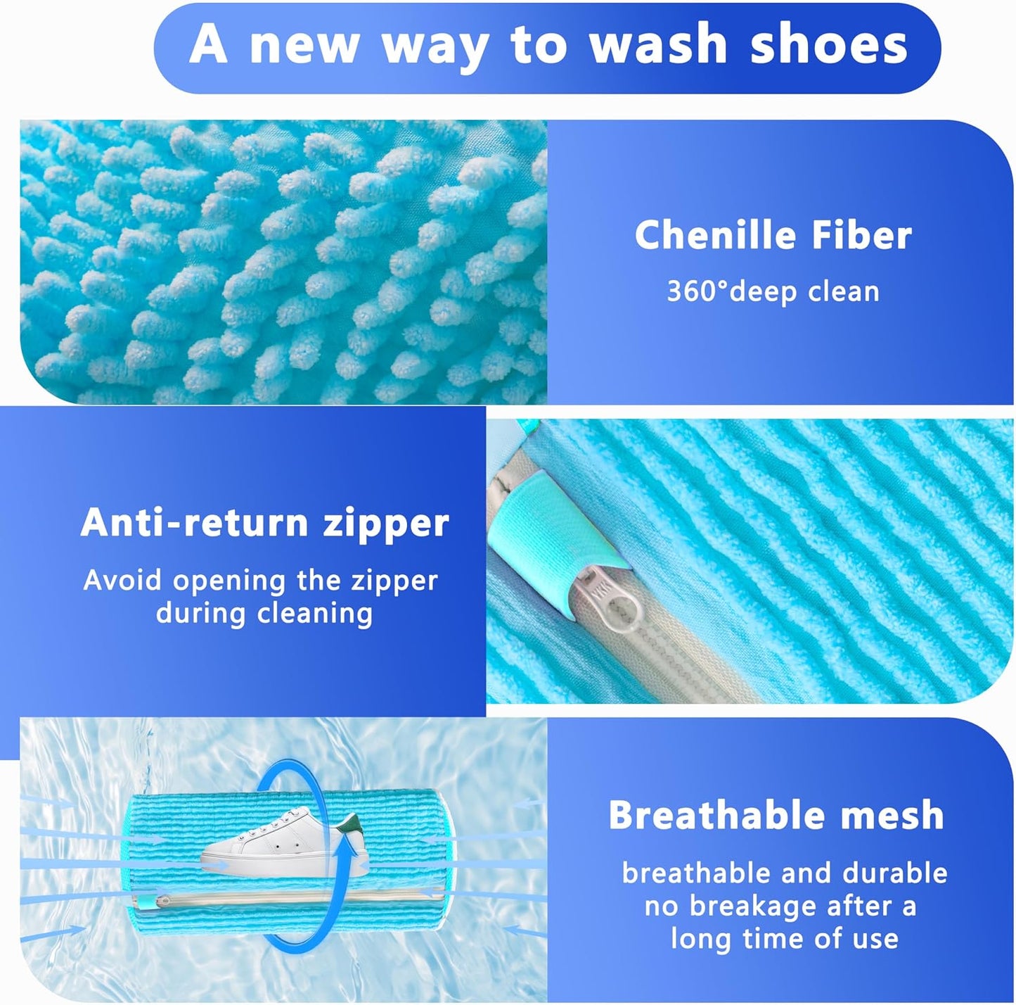Reusable Shoe Washing Bag, 2-Pack Chenille Laundry Bag for Washer & Dryer. | Soft chenille fibers help deep clean sneakers while the hidden zipper keeps shoes secure and helps protect your washer.