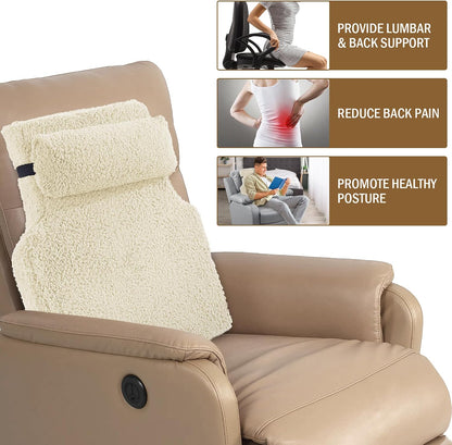 HOMBYS Sherpa Fleece Lumbar Support Pillow with Headrest for Recliner,Memory Foam Recliner Chair Cushion for Back Pain,Big High Back Support for Recliner with Chair Headrest for Elderly (Khaki)