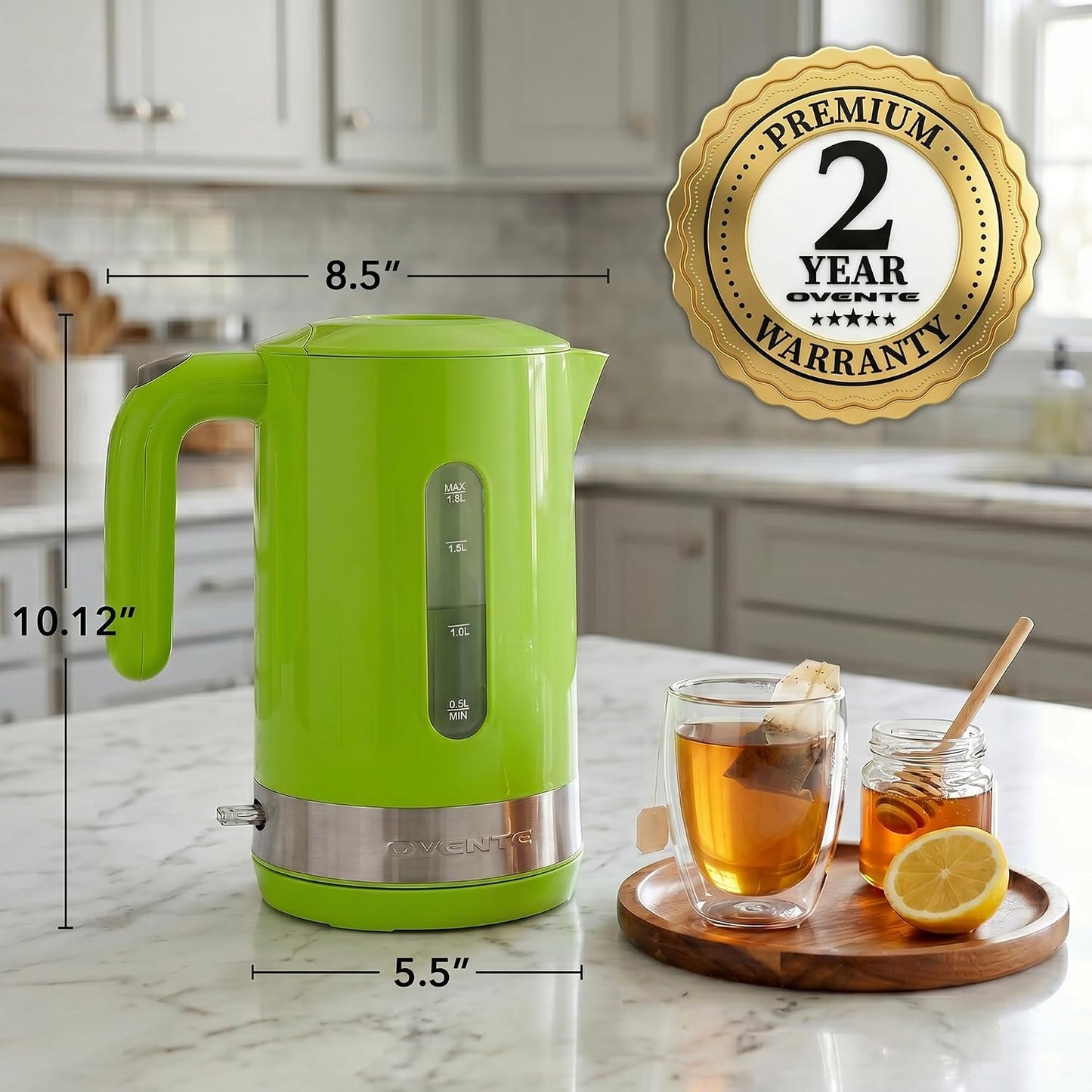 OVENTE 1.8L Electric Kettle with 1500W Fast Boiling Heater, Black KP413B | Best For Coffee or Tea, BPA-Free, Easy-Fill Lid, Water Level Window, Auto Shut-Off & Boil-Dry Protection, Removable Filter