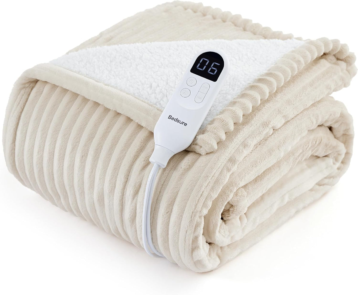 Bedsure GentleSoft Heated Blanket Throw - Soft Ribbed Flannel Electric Blanket, Gifts for Grandma (50x60 inches, Grey)