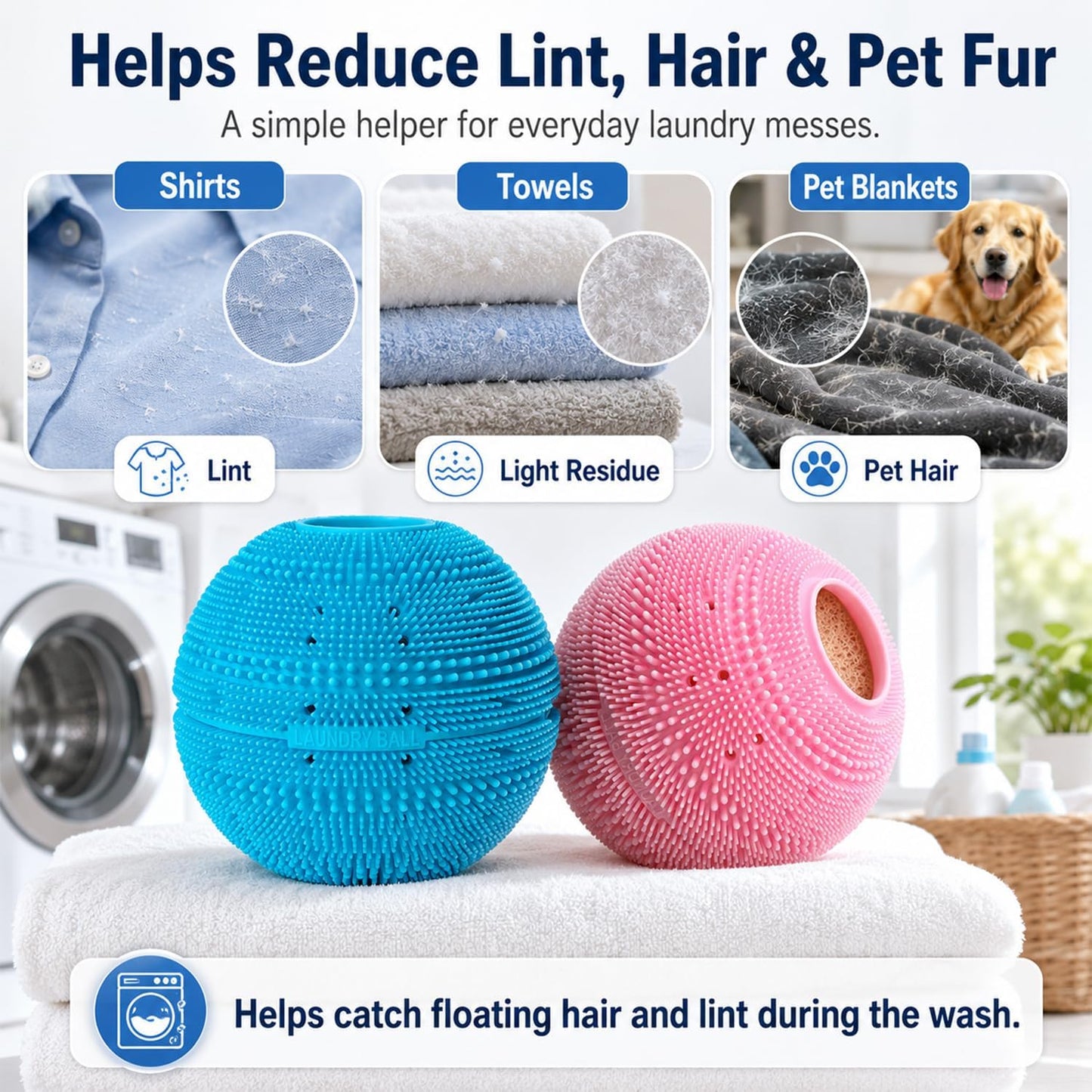 Reusable Laundry Ball for Washing Machine, Reusable Silicone Scrubber with Built-in Filter, Captures Pet Hair, Lint & Dirt, Helps Reduce Tangling, Fabric Safe, 1 Pack(Blue)