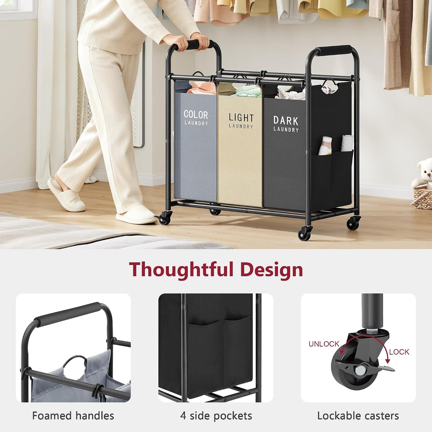 2 Bag Laundry Sorter Cart, Black & Grey | 50lbs Large Capacity, Removable Laundry Bags, Heavy Duty Lockable Rolling Wheels, Laundry Hamper Basket for Clothes Storage