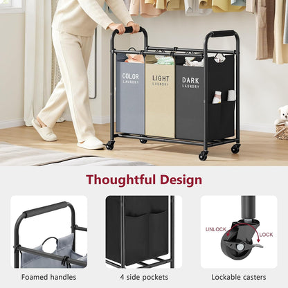 2 Bag Laundry Sorter Cart, Black & Grey | 50lbs Large Capacity, Removable Laundry Bags, Heavy Duty Lockable Rolling Wheels, Laundry Hamper Basket for Clothes Storage