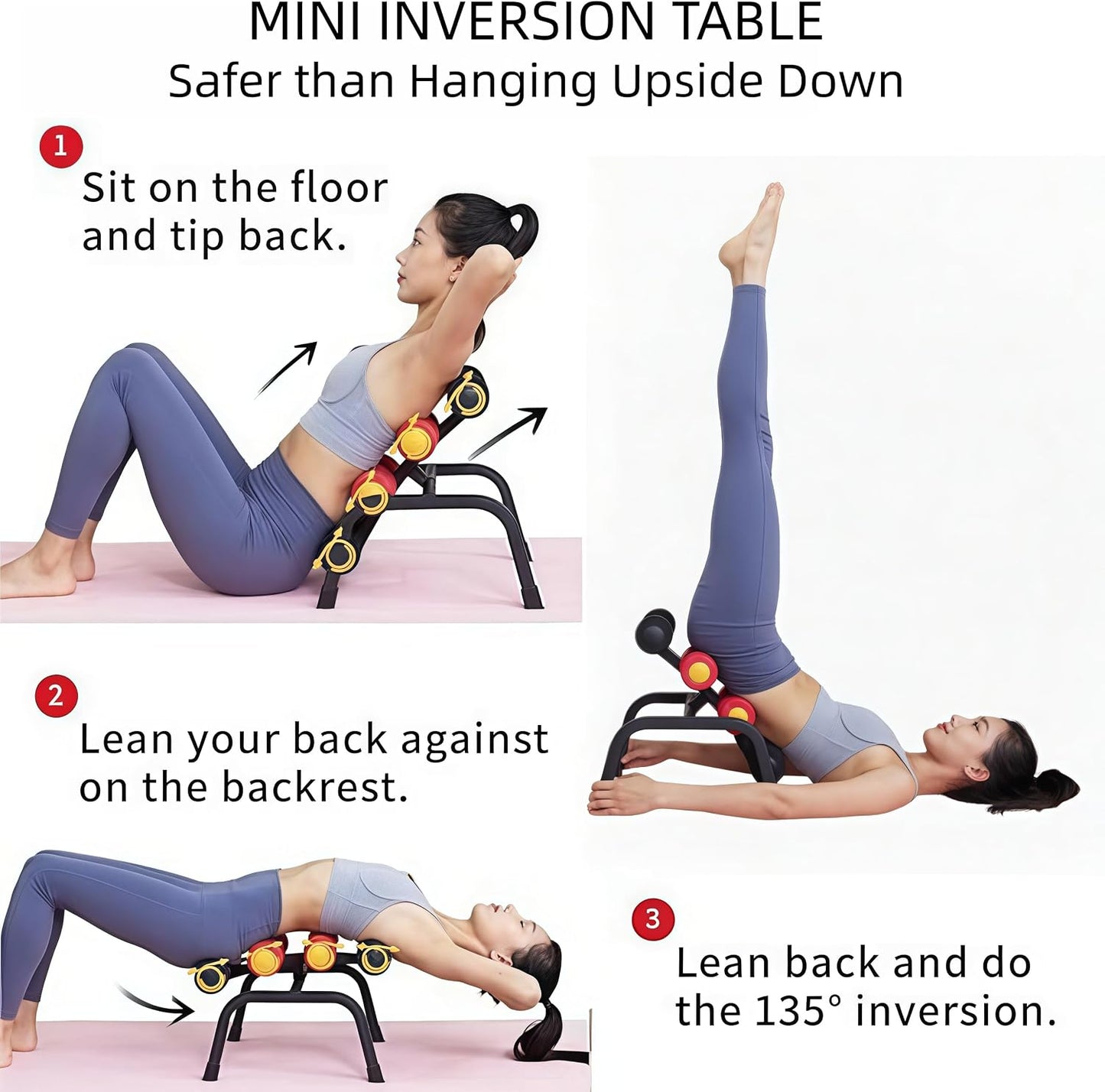 Mini Inversion Table with 8 Massage Rollers Back Stretching Machine | 400LBS Capacity Back Popper Spinal Decompression Table for Home Gym