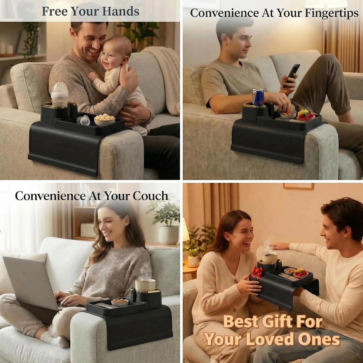 Luxury Gold Trim Couch Cup Holder Tray - Weighted Anti-Spill Navy Blue Silicone Sofa Armrest Organizer, Non-Slip Recliner Tray Table for Drinks, Remote, Phone - Fits Most Couch Arms